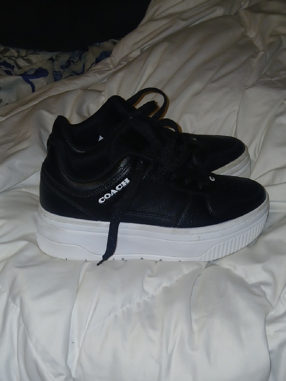 Coach Black Leather Platform Sneakers with White Soles